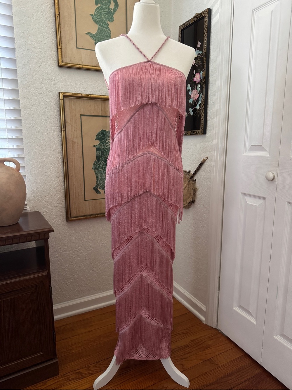 BLESS Pink Fringe Maxi Dress Backless Lace Up Flapper Festival Dress